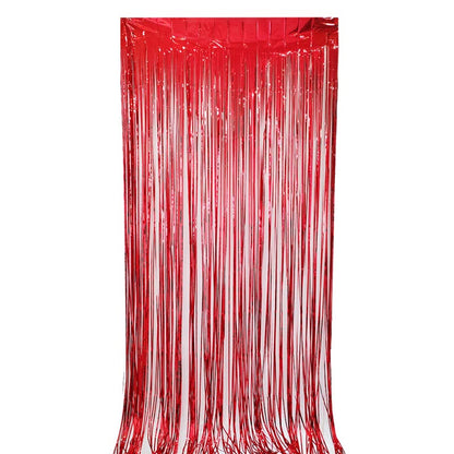 Glossy red color party backdrop foil fringe curtains, foil tinsel streamers for party decorations, photo booth, wedding, engagement, birthday, baby shower, disco party