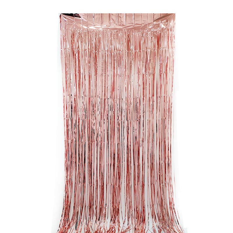 Glossy rose gold color party backdrop foil fringe curtains, foil tinsel streamers for party decorations, photo booth, wedding, engagement, birthday, baby shower, disco party