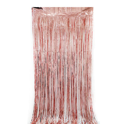 Glossy rose gold color party backdrop foil fringe curtains, foil tinsel streamers for party decorations, photo booth, wedding, engagement, birthday, baby shower, disco party