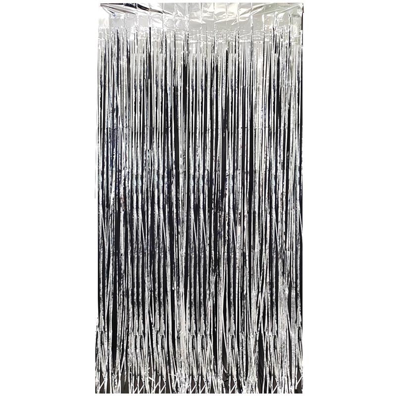 Glossy black color party backdrop foil fringe curtains, foil tinsel streamers for party decorations, photo booth, wedding, engagement, birthday, baby shower, disco party