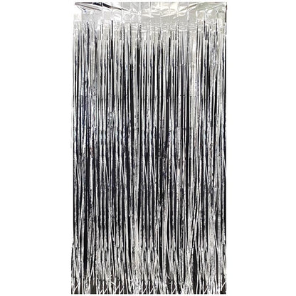 Glossy black color party backdrop foil fringe curtains, foil tinsel streamers for party decorations, photo booth, wedding, engagement, birthday, baby shower, disco party