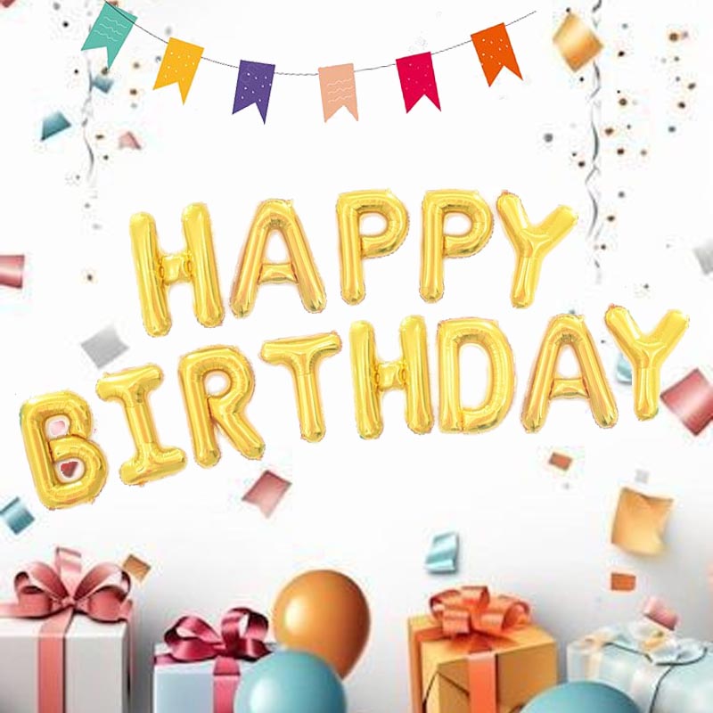 16 Inch Happy Birthday word foil letter balloon bunting banner gold color for birthday party, kids, girls, boys, man and woman 