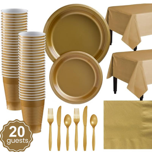 Gold plastic party dinnerware set. 7 inch and 9 inch gold colored party plastic plates and dessert plates, 16oz cups, cutlery, plain gold tablecloth, napkins for parties, colour theme parties. 