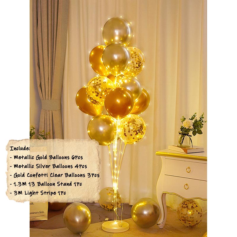 Gold and silver balloon bouquet stand kit, include metallic balloons, confetti balloons, balloon stand and light stripe.  For kids, girls, boys, man and woman's birthday, wedding, anniversary, baby shower, engagement, Valentine's Day and any other parties. 