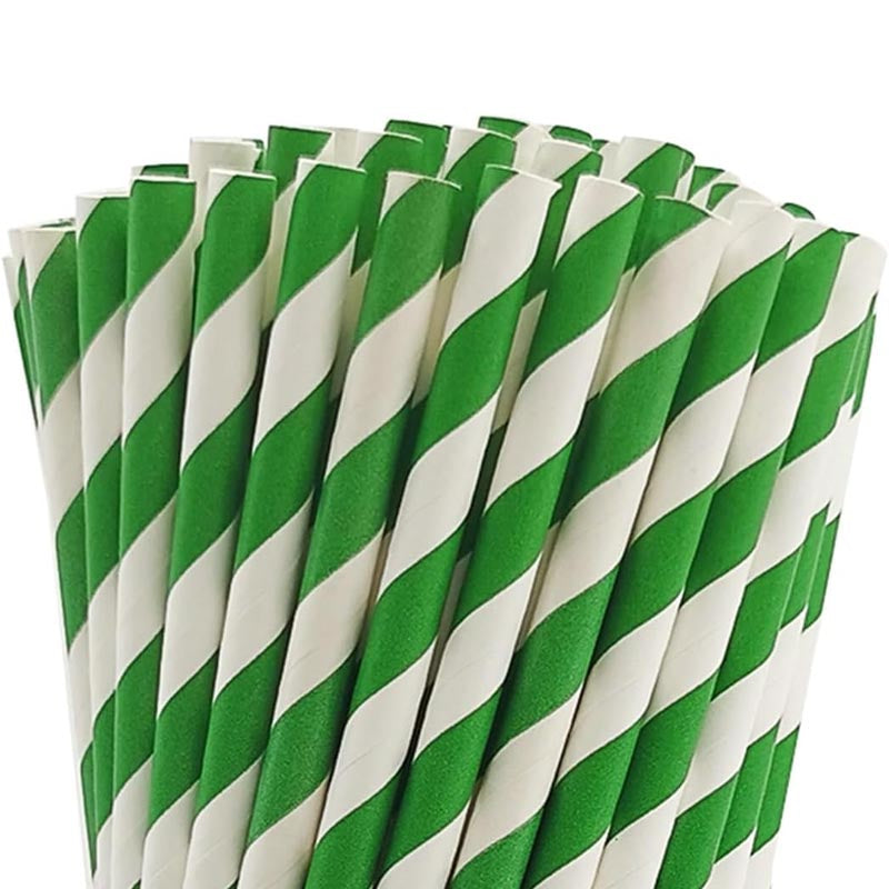 Green and white striped biodegradable paper straw for drinks