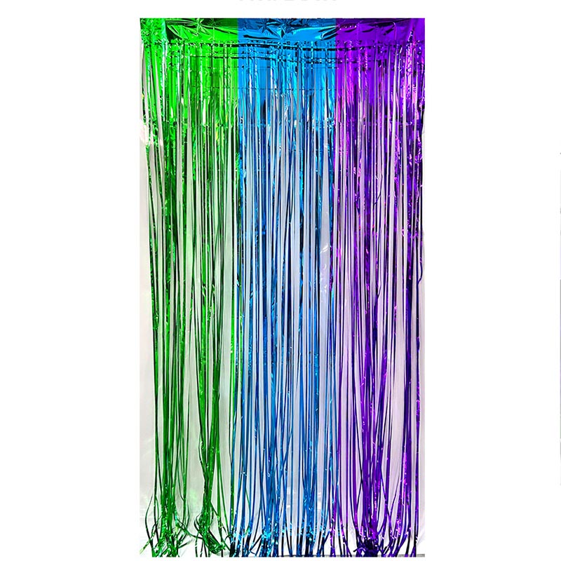Green, blue and purple colored party backdrop foil fringe curtains, foil tinsel streamers for party decorations, photo booth, wedding, engagement, birthday, baby shower, disco party