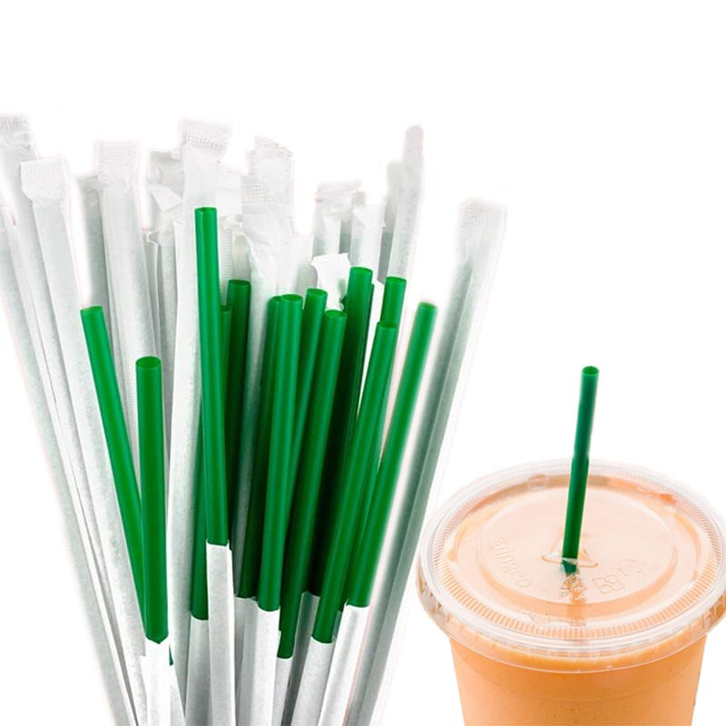 Green color individually wrapped plastic straw for drinks such as coffee, juice, and soft drinks