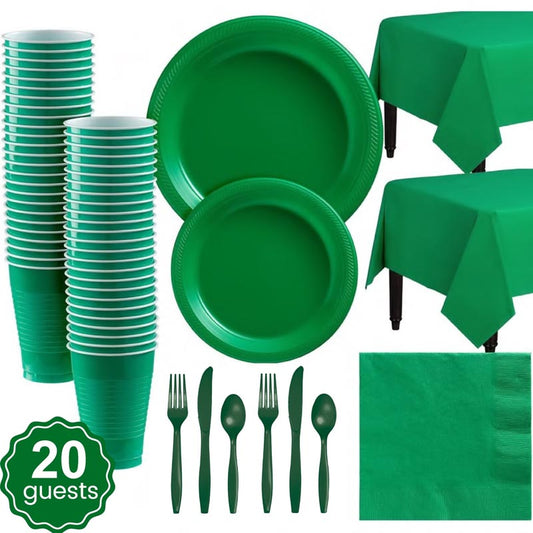 Green plastic party dinnerware set. 7 inch and 9 inch green colored party plastic plates and dessert plates, 16oz cups, cutlery, green tablecloth, napkins for parties, colour theme parties. 