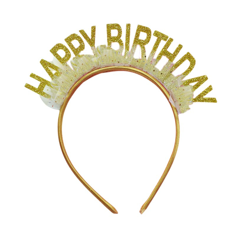 Elegant shiny gold color with gauze happy birthday party hat, headband for birthday girls, woman. suitable for all ages. 