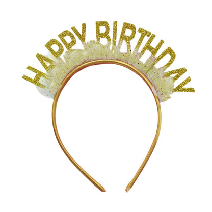 Elegant shiny gold color with gauze happy birthday party hat, headband for birthday girls, woman. suitable for all ages. 