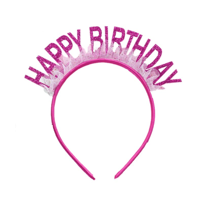 Elegant shiny hot pink color with gauze happy birthday party hat, headband for birthday girls, woman. suitable for all ages. 