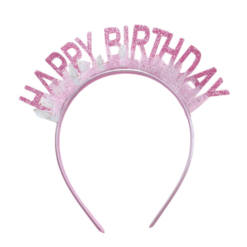 Elegant shiny pink color with gauze happy birthday party hat, headband for birthday girls, woman. suitable for all ages. 