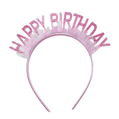 Elegant shiny pink color with gauze happy birthday party hat, headband for birthday girls, woman. suitable for all ages. 