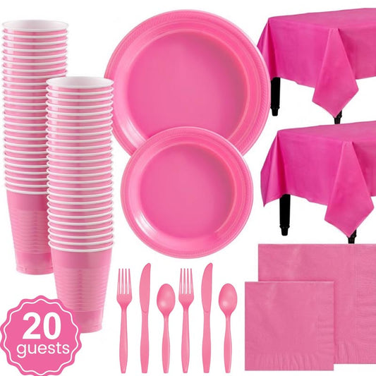 Hot pink plastic party dinnerware set. 7 inch and 9 inch hot pink colored party plastic plates and dessert plates, 16oz cups, cutlery, hot pink tablecloth, napkins for parties, colour theme parties. 
