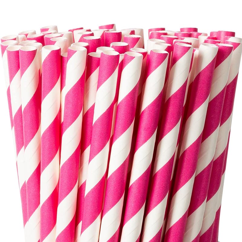 Hot pink striped biodegradable paper straw for drinks