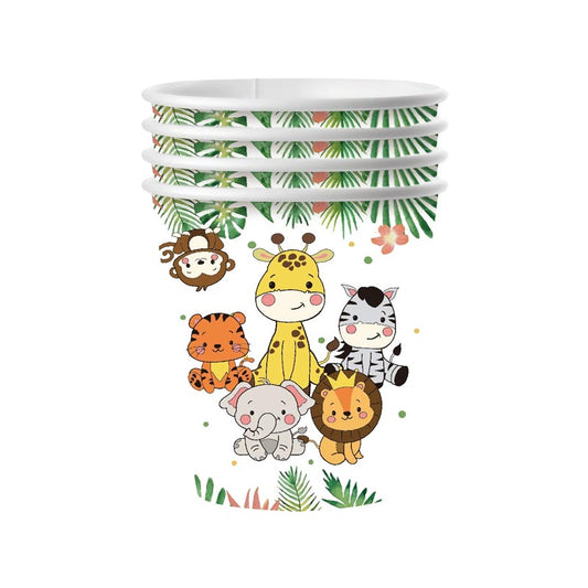 Jungle animals, elephant, lion, monkey, tiger, zebra and giraffe party disposable paper cup for kid's birthday party, boys and girls.