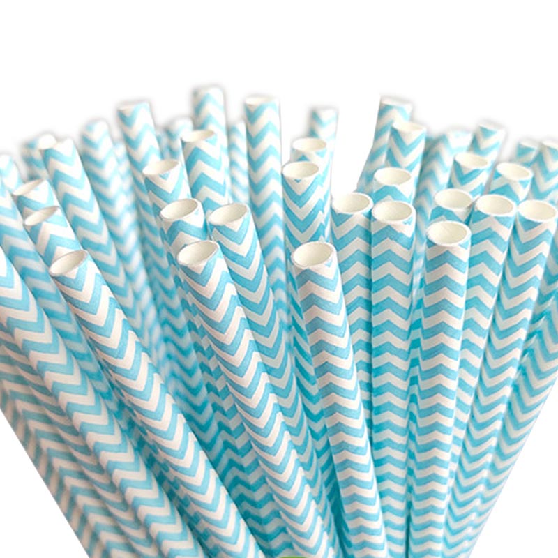 Light blue and white wave patterned biodegradable paper straw for drinks