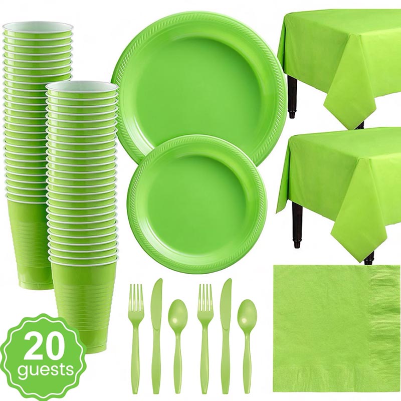 Lime Green plastic party dinnerware set. 7 inch and 9 inch lime green colored party plastic plates and dessert plates, 16oz cups, cutlery, lime green tablecloth, napkins for parties, colour theme parties. 