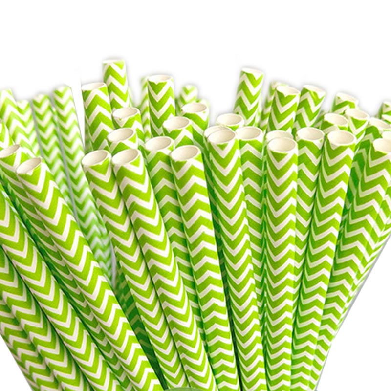 Lime green and white wave patterned biodegradable paper straw for drinks