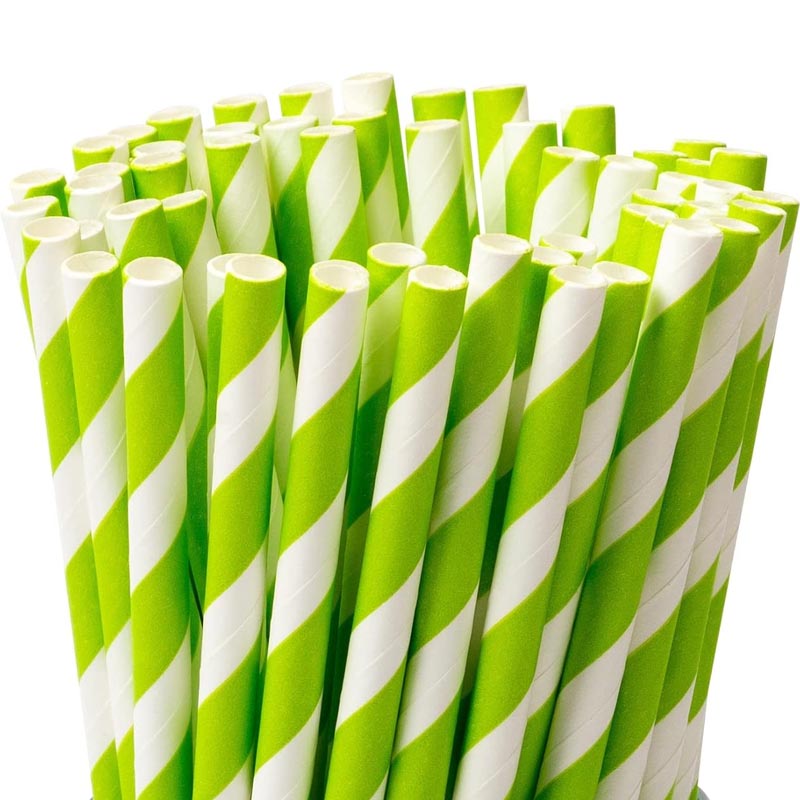 Lime green striped biodegradable paper straw for drinks