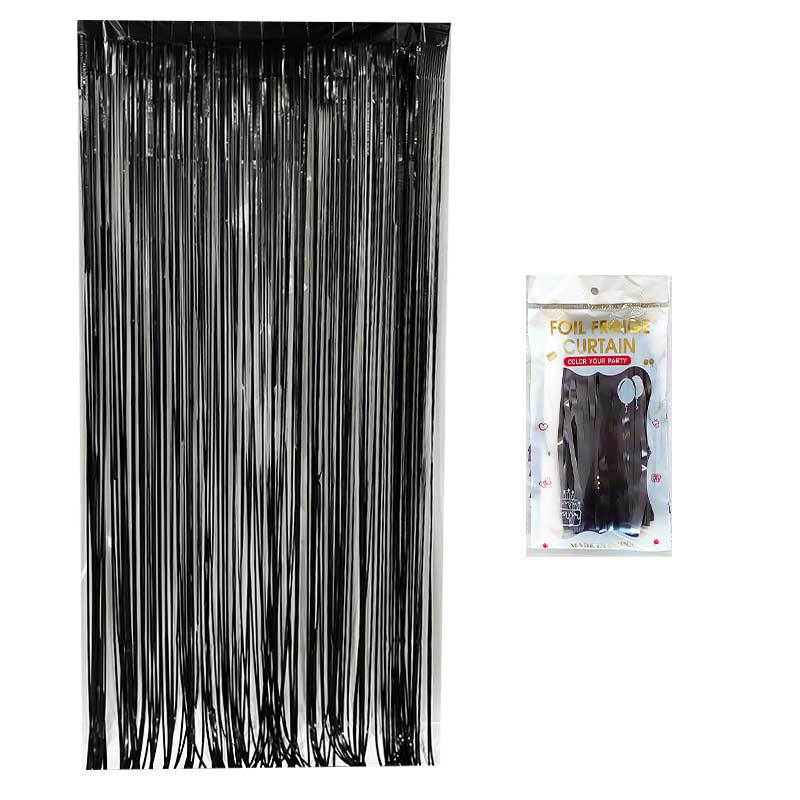 Matte black color party backdrop foil fringe curtains, foil tinsel streamers for party decorations, photo booth, wedding, engagement, birthday, baby shower, disco party
