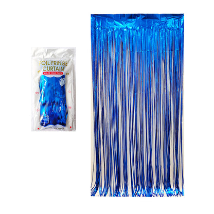 Matte blue color party backdrop foil fringe curtains, foil tinsel streamers for party decorations, photo booth, wedding, engagement, birthday, baby shower, disco party