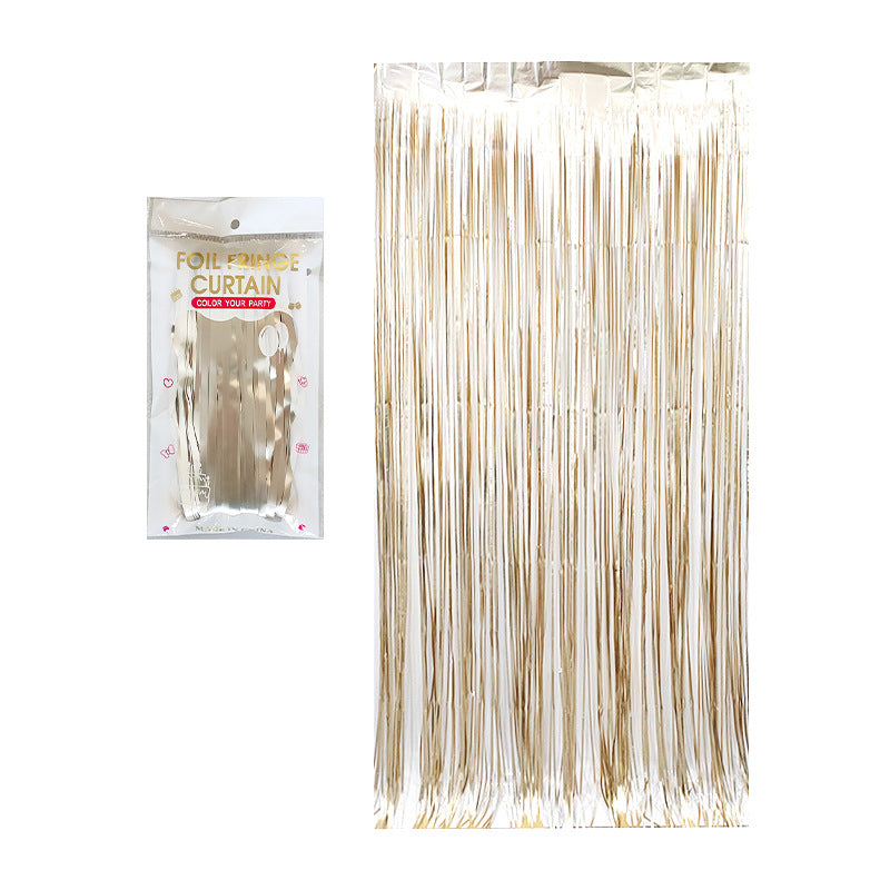 Matte champagne color party backdrop foil fringe curtains, foil tinsel streamers for party decorations, photo booth, wedding, engagement, birthday, baby shower, disco party