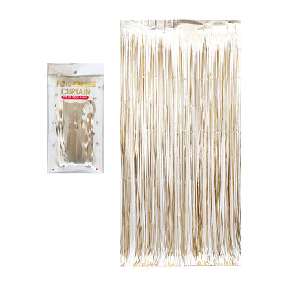 Matte champagne color party backdrop foil fringe curtains, foil tinsel streamers for party decorations, photo booth, wedding, engagement, birthday, baby shower, disco party