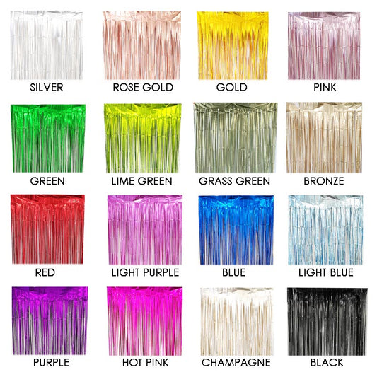Matte colored party backdrop foil fringe curtains, foil tinsel streamers for party decorations, photo booth, wedding, engagement, birthday, baby shower, disco party