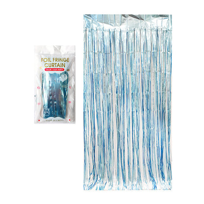 Matte light blue color party backdrop foil fringe curtains, foil tinsel streamers for party decorations, photo booth, wedding, engagement, birthday, baby shower, disco party