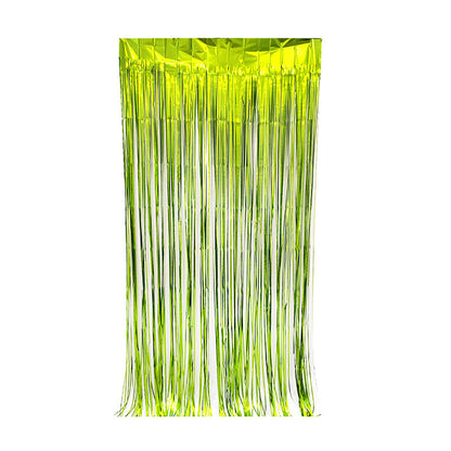 Matte lime green color party backdrop foil fringe curtains, foil tinsel streamers for party decorations, photo booth, wedding, engagement, birthday, baby shower, disco party