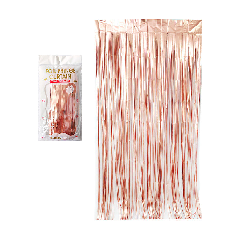 Matte rose gold color party backdrop foil fringe curtains, foil tinsel streamers for party decorations, photo booth, wedding, engagement, birthday, baby shower, disco party