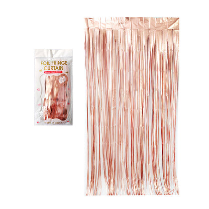 Matte rose gold color party backdrop foil fringe curtains, foil tinsel streamers for party decorations, photo booth, wedding, engagement, birthday, baby shower, disco party