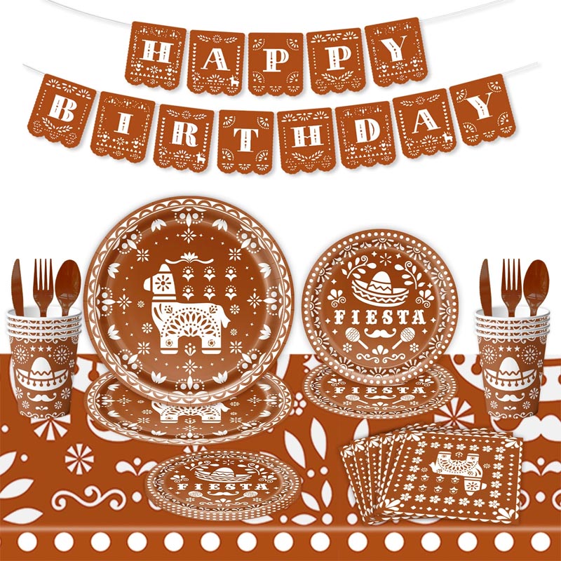 Mexican fiesta brown dinnerware set with Happy Birthday banner bunting, 7 inch and 9 inch party paper plates and dessert plates, 9oz cups, cutlery, straw, napkins, tablecloth for fiesta parties. 