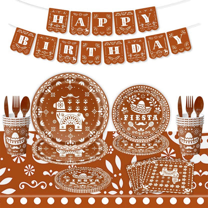 Mexican fiesta brown dinnerware set with Happy Birthday banner bunting, 7 inch and 9 inch party paper plates and dessert plates, 9oz cups, cutlery, straw, napkins, tablecloth for fiesta parties. 
