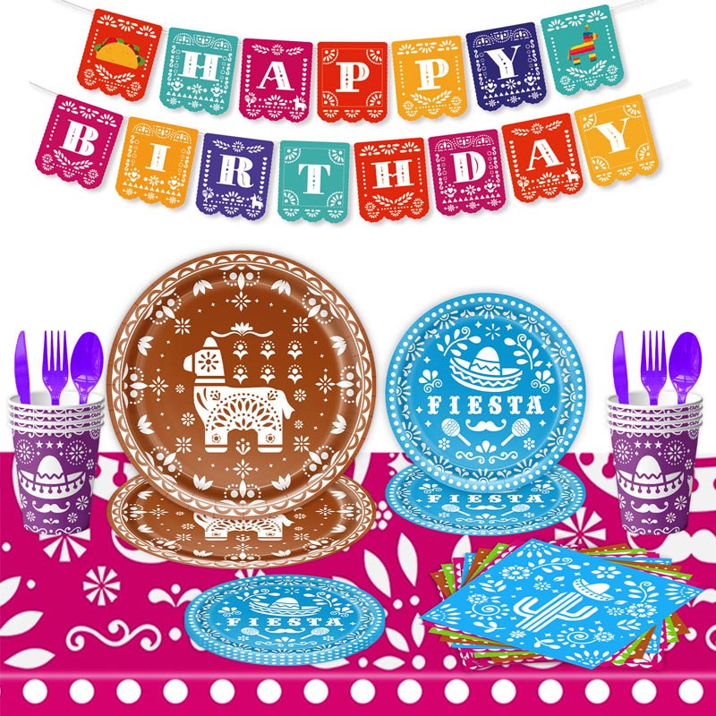 Mexican fiesta colorful dinnerware set with Happy Birthday banner bunting, 7 inch and 9 inch party paper brown plates and dessert blue plates, purple 9oz cups, cutlery, straw, napkins, tablecloth for fiesta parties. 
