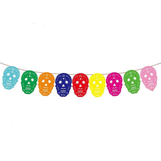 Mexican fiesta non-woven fabric colorful skull banner bunting for Halloween party, Day of the Dead,  Día de los Muertos. 