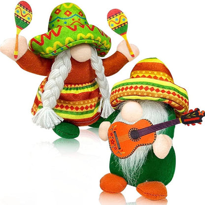 Mexican fiesta sombrero doll ornament, table decoration. Mexico party, dancing, playing guitar and maracas with mexico tradition clothing and hats. 