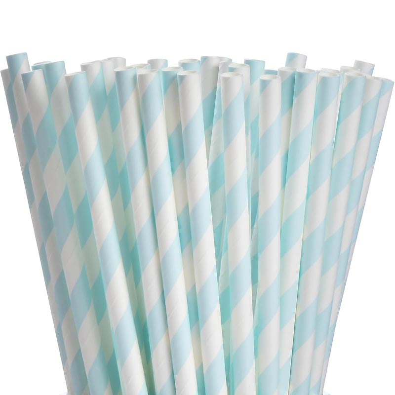 Mint blue striped biodegradable paper straw for drinks