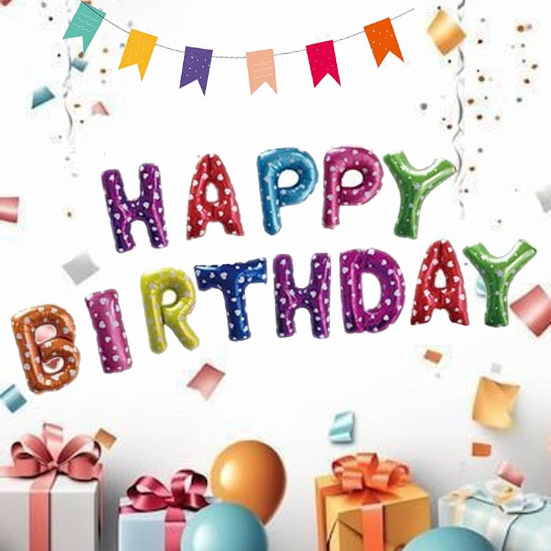 16 Inch Happy Birthday word foil letter balloon bunting banner  colorful  multi color with hearts for birthday party, kids, girls, boys, man and woman  
