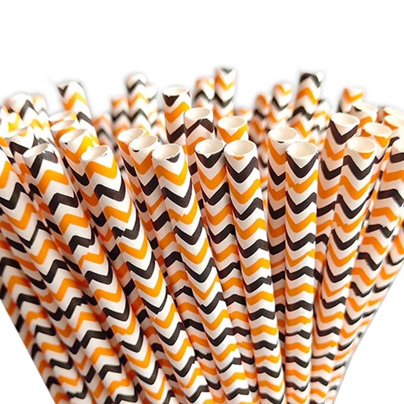 Orange and black wave patterned biodegradable paper straw for drinks
