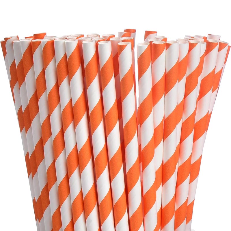 Orange and white striped biodegradable paper straw for drinks