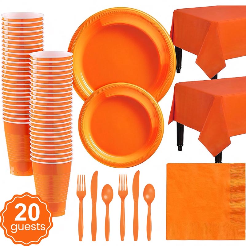 Orange plastic party dinnerware set. 7 inch and 9 inch orange colored party plastic plates and dessert plates, 16oz cups, cutlery, orange tablecloth, napkins for parties, colour theme parties. 