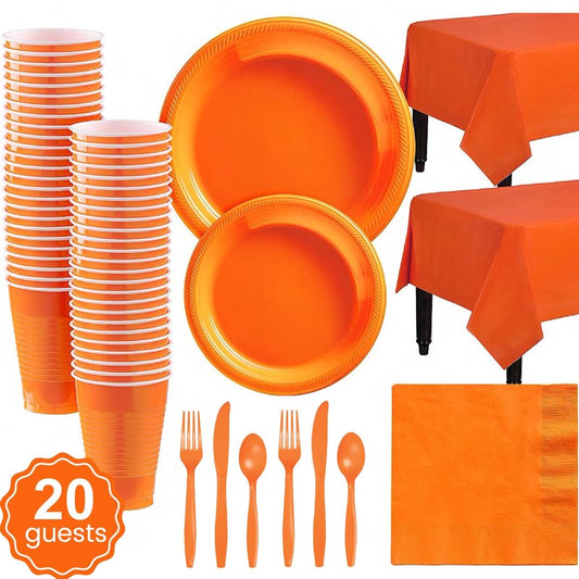 Orange plastic party dinnerware set. 7 inch and 9 inch orange colored party plastic plates and dessert plates, 16oz cups, cutlery, orange tablecloth, napkins for parties, colour theme parties. 