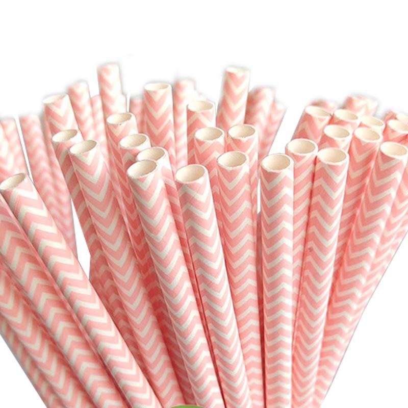 Pink and white wave patterned biodegradable paper straw for drinks