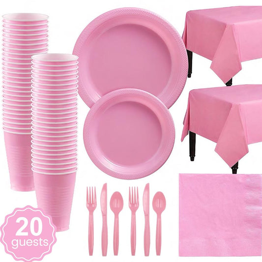 Pink plastic party dinnerware set. 7 inch and 9 inch pink colored party plastic plates and dessert plates, 16oz cups, cutlery, pink tablecloth, napkins for parties, colour theme parties. 