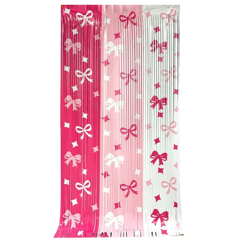 1Mx2M sweet pink tones party backdrop foil fringe curtains with bow tie patterns, background decorations for parties, girl's party, birthday party, baby shower, for both kids and adults