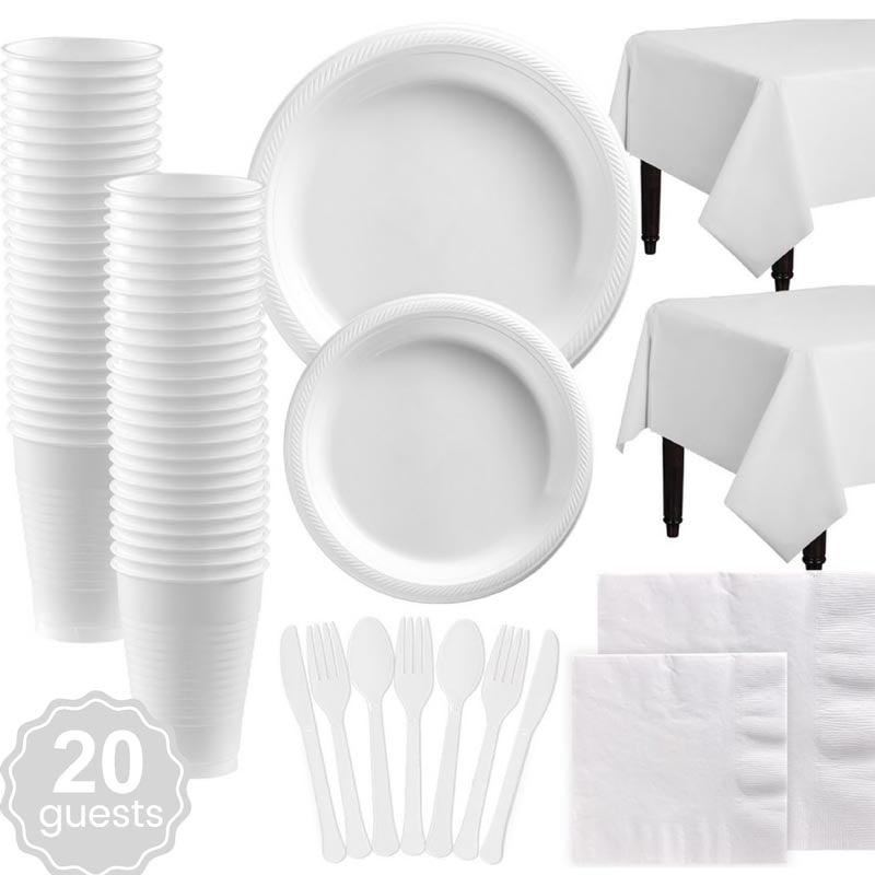 Plain white plastic party dinnerware set. 7 inch and 9 inch plain white colored party plastic plates and dessert plates, 16oz cups, cutlery, plain white tablecloth, napkins for parties, colour theme parties. 