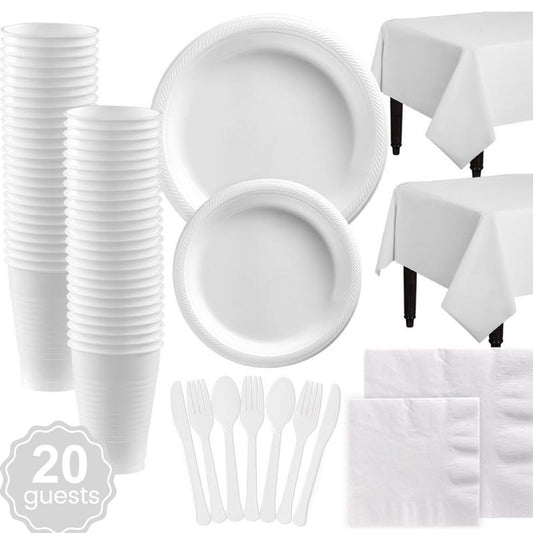 Plain white plastic party dinnerware set. 7 inch and 9 inch plain white colored party plastic plates and dessert plates, 16oz cups, cutlery, plain white tablecloth, napkins for parties, colour theme parties. 