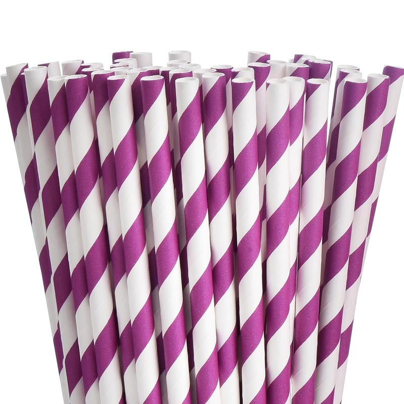 Purple and white striped biodegradable paper straw for drinks